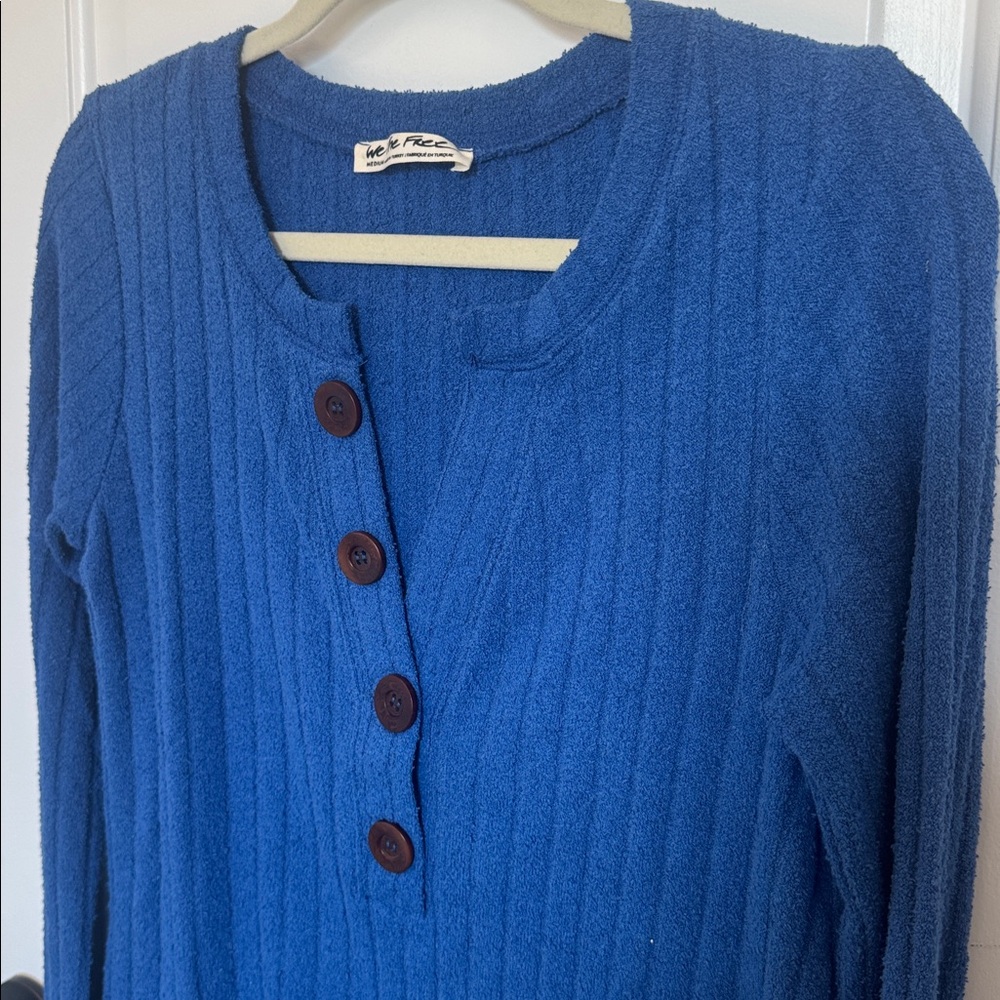 We the Free Ribbed Henley Button-Front Sweater in Cobalt Blue - Picture 5 of 8